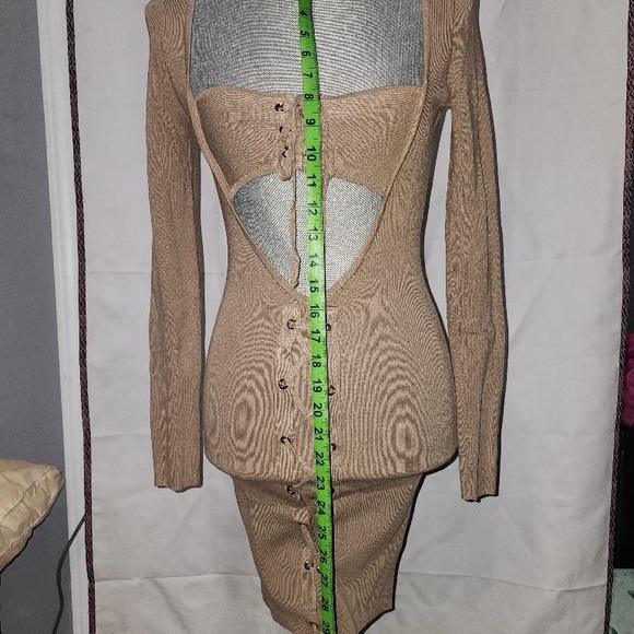 Milk Coffee Knit Cut-Out Bustier Top Lace Down Detail Mini Dress - Picture 7 of 11